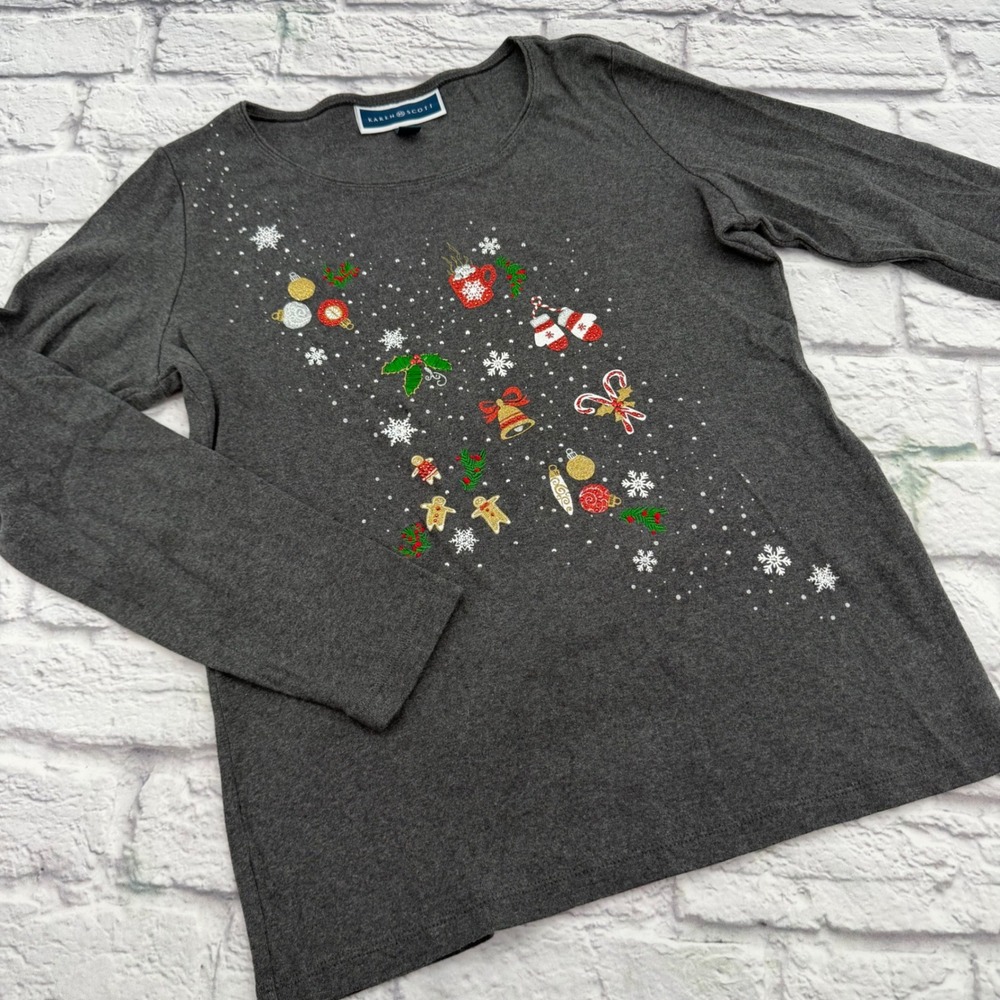 Karen Scott Womens Grey Christmas Long Sleeve Shirt Glitter Beaded Small